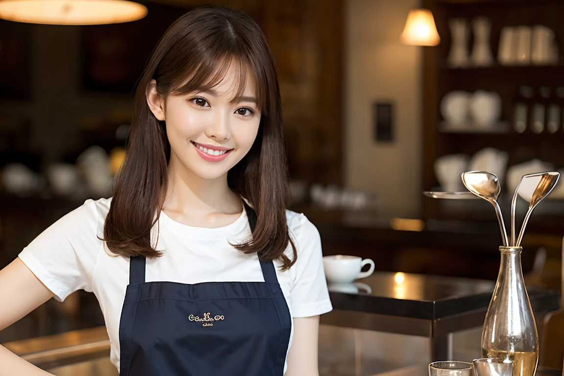 (Highest quality、Tabletop、8k、Best image quality、Award-winning works)、Woman working in a café、(The perfect brown apron:1.2)、(Standing elegantly in a cafe:1.1)、(A classy shirt and apron:1.1)、(Big Breasts:1.1)、(Accentuate your body lines:1.1)、Beautiful woman portrait、The most elegant and cozy cafe、The most natural cafe, Perfectly organized、(The most atmospheric and warm lighting:1.1)、(The most romantic atmosphere:1.1)、Stylish and elegant cafe、Strongly blurred background、Look at me and smile、(Accurate anatomy:1.2)、Ultra high resolution perfect beautiful teeth、Ultra-high definition beauty face、Ultra HD Hair、Ultra HD The Shining Eyes、The Shining, Super high quality beautiful skin、Super high quality glossy lip