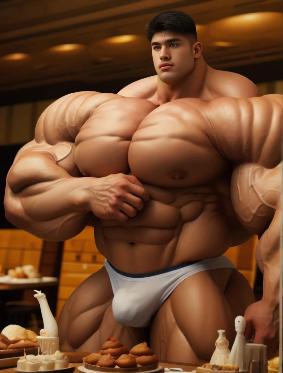 1boy, giant, model shoot style, illuminating light, strong body, bulk, large size, standing & staring, at the open area, nude, white triangular underwear, prominent bulge, big, brutalmass, giant, muscular body, bulk, buff, massive body, large meaty body size