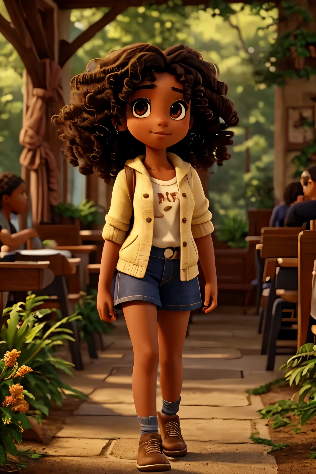 young university student girl, mixed skin, curly hair, image full body, walking in the park, front view, cinematic lighting, intricate details, warm color tones, natural setting, elegant pose, casual clothing, expression serene, lush greenery, detailed foliage, cobblestone path, dappled sunlight, atmospheric perspective, depth of field, happy face
