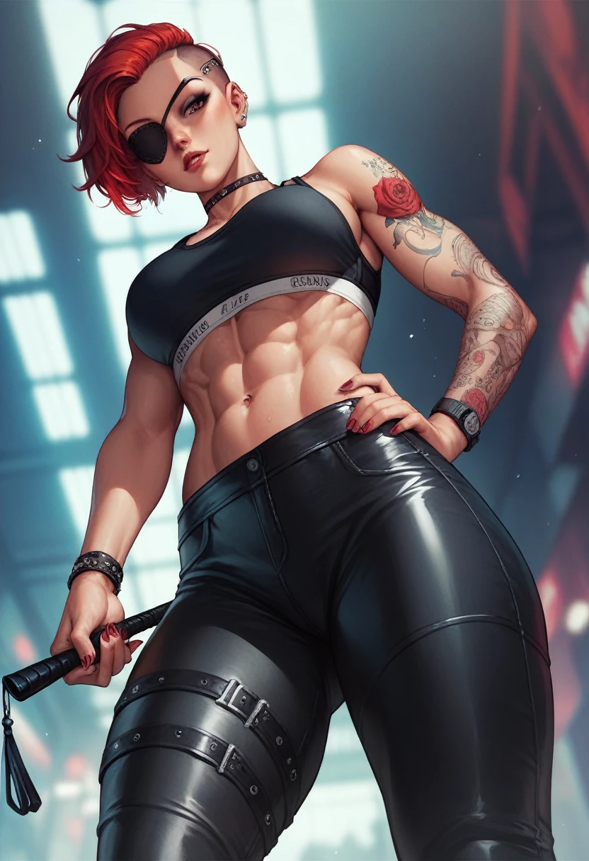 1girl, from below, eyepatch, riding crop, leather pants, sports bra, tattoos, toned, strong, short red  hair, asymmetrical undercut