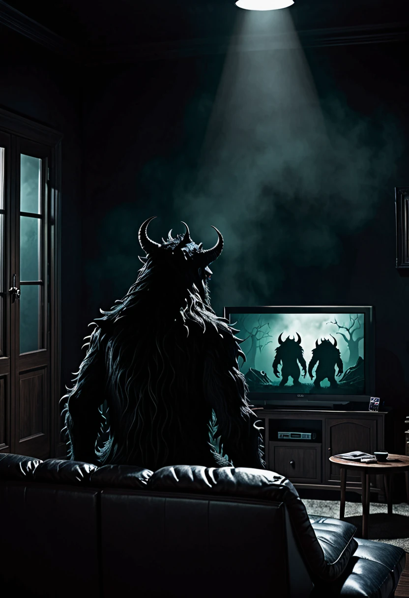 Mysterious dark back side monster watching TV background dark