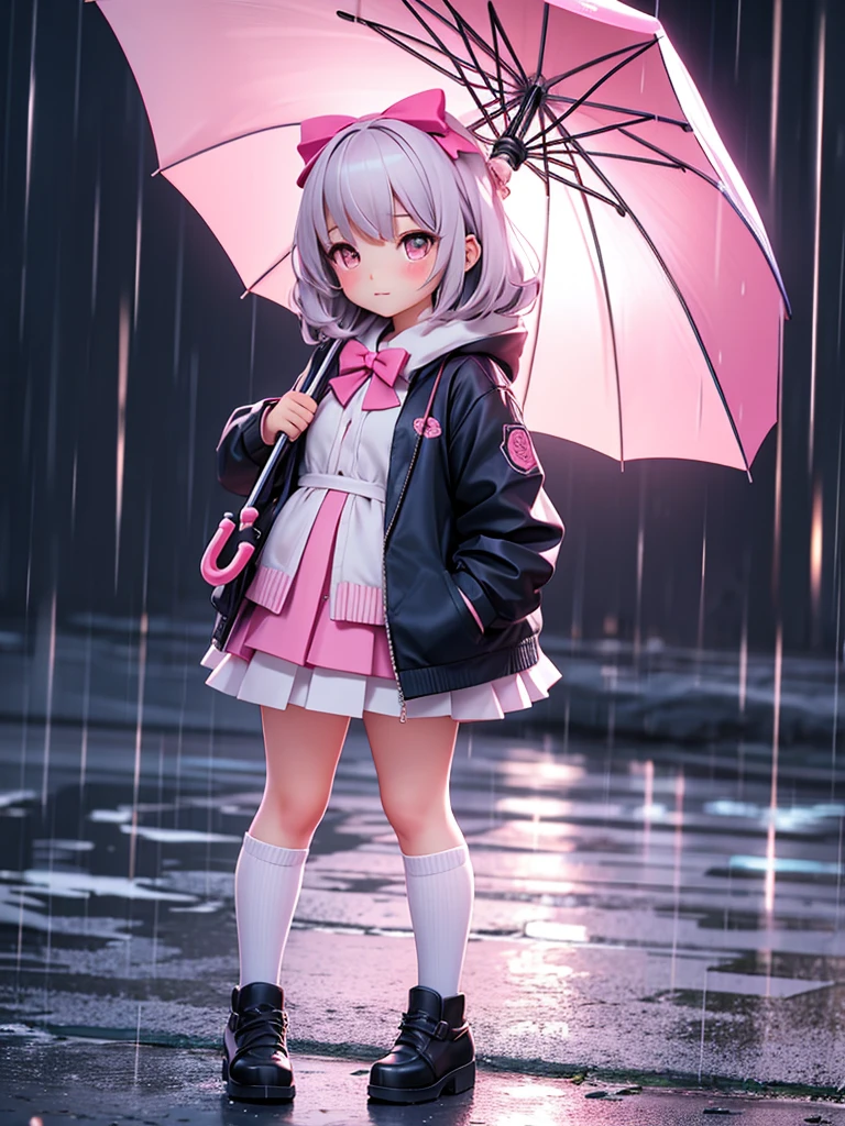 ((bishojo)), ((jk, girl)), ((puffy eyes)), (masterpiece), (top quality), (hyper detailed), (exquisite), (8k), (depth), (crisp), (beautiful and aesthetic), (super detailed skin), (high standard), (high resolution), (perfect anatomy), (realistic), (full body), (knee socks), (pink cheek), (underdressed), (bow in hair), (piercing), (on the street), (with rain), (one hand, umbrella)