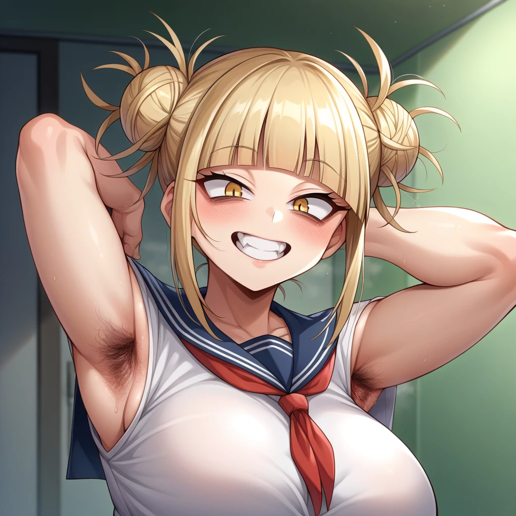 score_9, score_8_wonderful, anime, odor, Huge breasts, Armpit hair, Hairy, Cute eyes, Huge breasts, Cartoon-like pictures Highly detailed, masterpiece, wallpaper 8k CG, ,toga_himiko, boku no hero academia, blonde hair, double bun, yellow eyes, pleated double tooth,足裏 巨大な尻 黒色の靴下 odor 座る 足の裏を見せる nsfw 