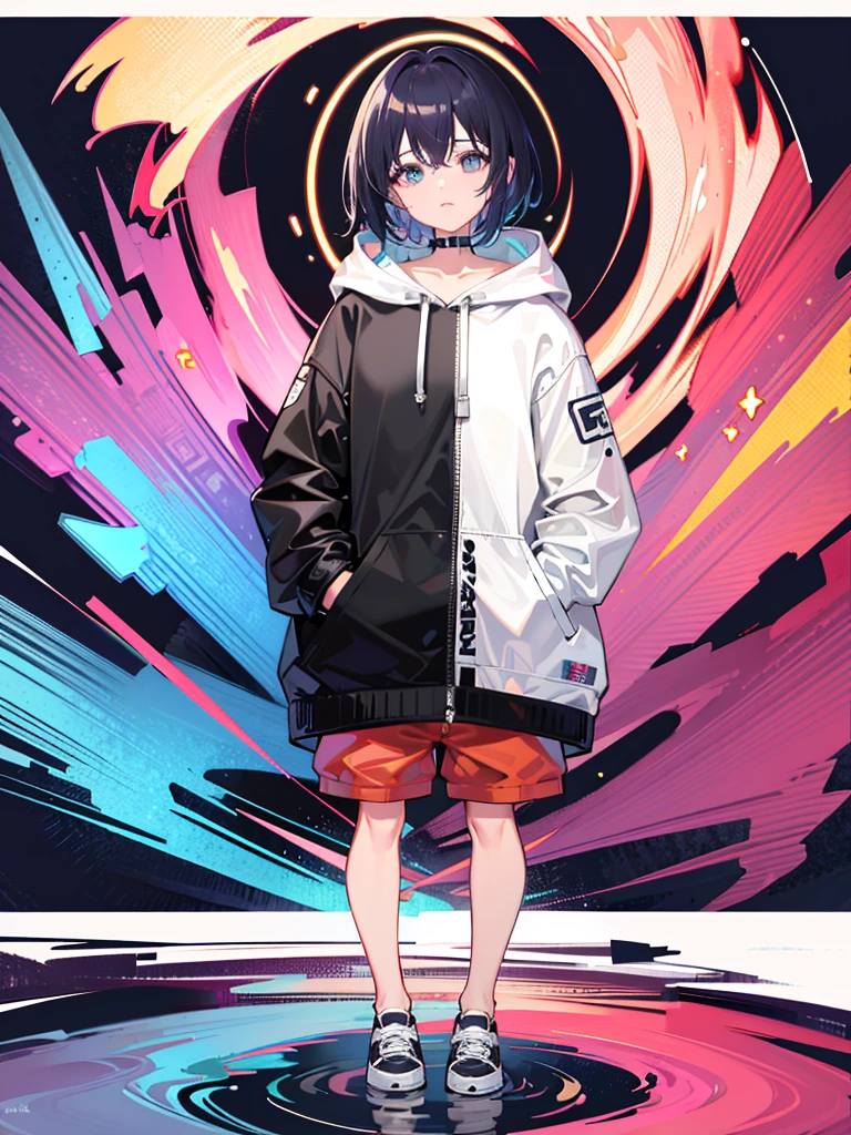 8K resolution、((top-quality))、((masterpiece))、((ultra-detailliert))、1 woman、solo、incredibly absurdness、Oversized hoodies、headphones、Street、plein air、Sateen、Neon Street、Shortcut Hair、Brightly colored eyes、Hands in pockets、shortpants、water dripping