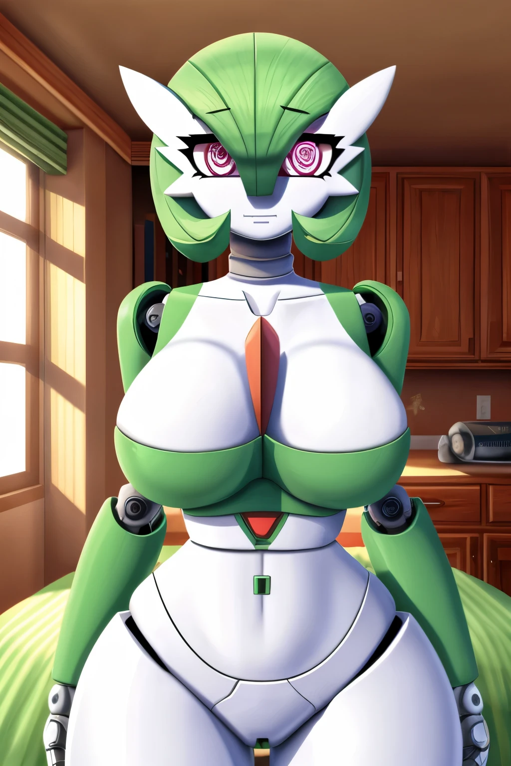 masterpiece, best quality, sideways, robot housewife, binary eyes, empty eyes, robot joints, robot, detailed, gardevoir, 1girl, visible genitals, facing away, looking sideways, at home, plugged in