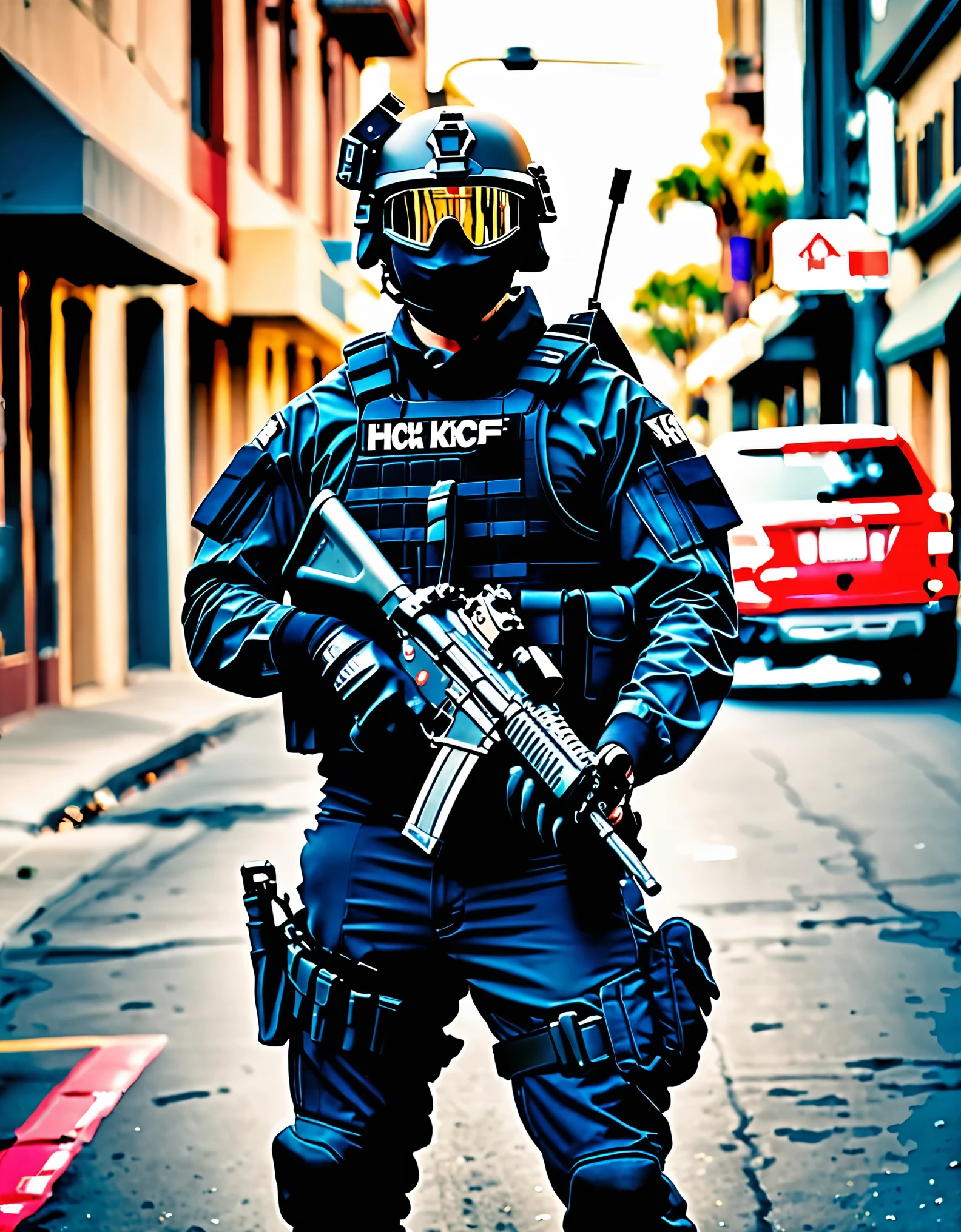 masterpiece, high quality, hires, 1man, solo, swat officer, (perfect hands, matching gloves, holding weapon, Heckler & Koch MP5), standing, on patrol, los angeles market backdrop, looking away