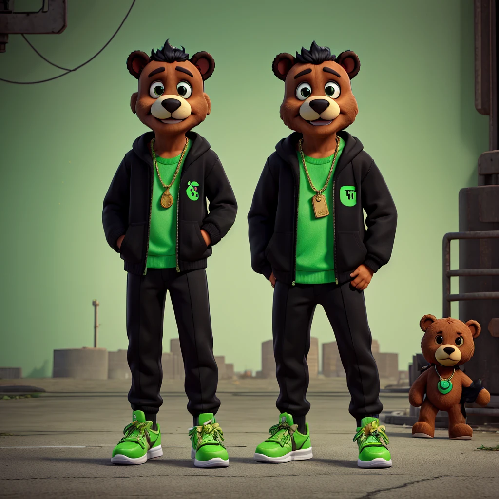 1teddy bear, Black and green outfit, energy monster, wearing braces, street standing, wearing gold chain necklace, air jordan shoes.