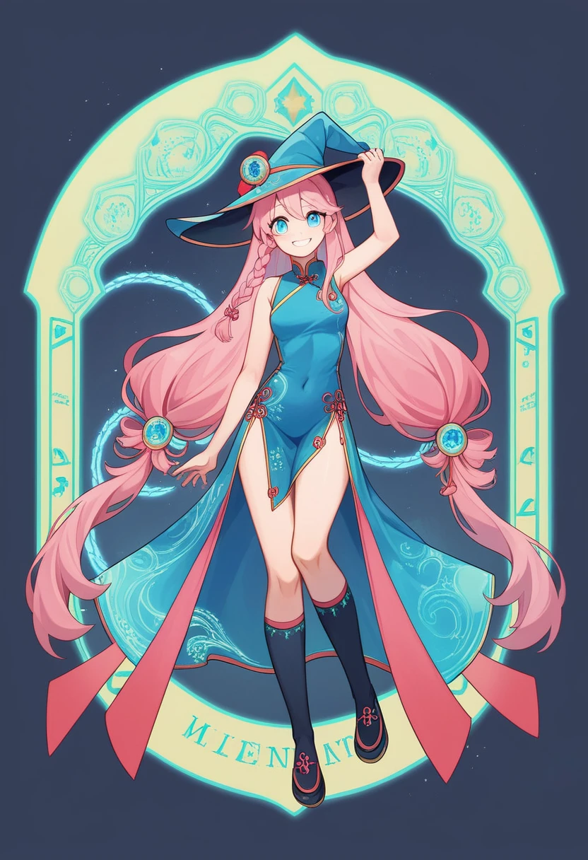 （Full body image），Fluorescent background，（1 Witch，Flash fluorescence，hat，Transparent tulle jk，Exquisite headdress，Smile），（Paper Art，绗缝Paper Art术，geometry），（Many colors，best quality，High Detail，masterpiece，Lighting Effects，4K，Chiaroscuro），Blue transparent tulle cheongsam，braid，Red knee-length socks，luminous totem，blue eyes，Sakura hair and，长braid，Pink Haired Hatsune Witch Costume