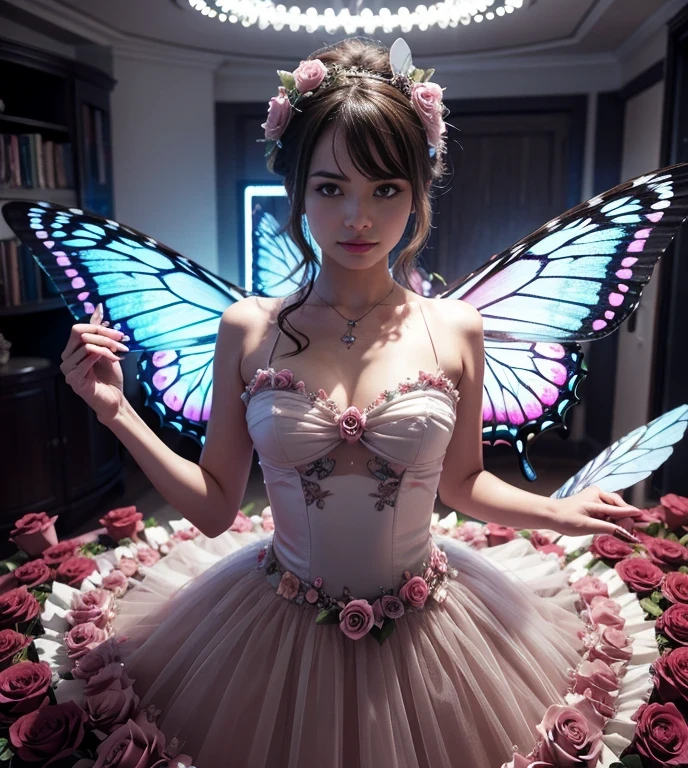 Create a dreamlike atmosphere where 3D roses transform into delicate fractal butterflies., revoloteando alrededor de corazones que emiten un suave brillo, creando una escena encantada de amor fugaz.