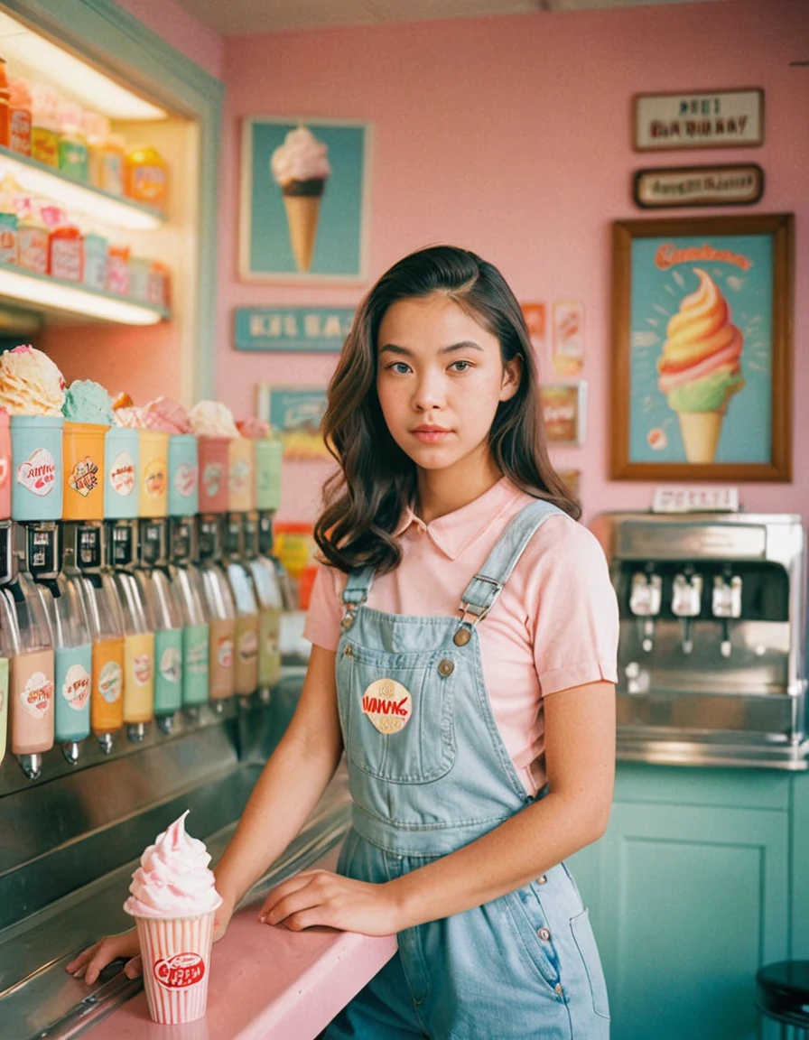 Portrait MagMix Girl looking at the camera, Long Hair, Overalls, A retro ice cream shop with pastel-colored walls, Classic Soda Fountain Counter, Vintage ice cream poster, bathed in warm sunlight, Analog Film Photography, Kodachrome.