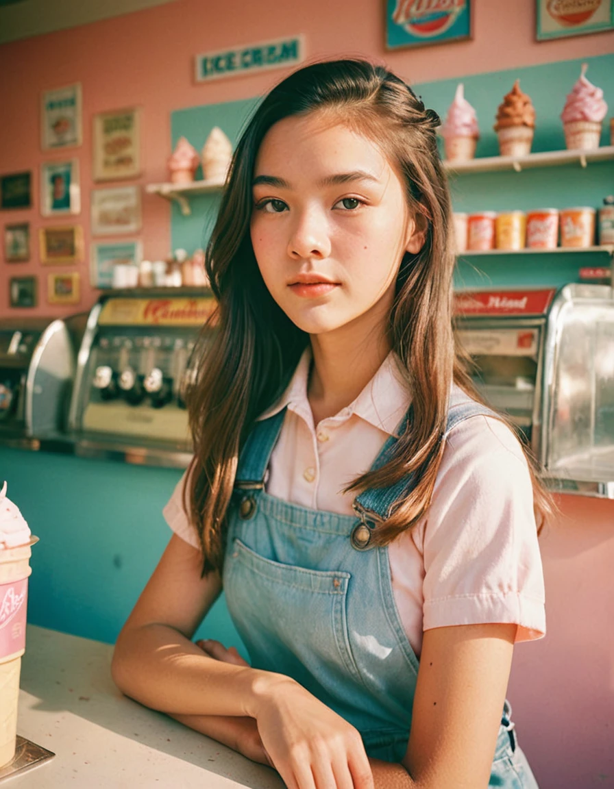 Portrait MagMix Girl looking at the camera, Long Hair, Overalls, A retro ice cream shop with pastel-colored walls, Classic Soda Fountain Counter, Vintage ice cream poster, bathed in warm sunlight, Analog Film Photography, Kodachrome.