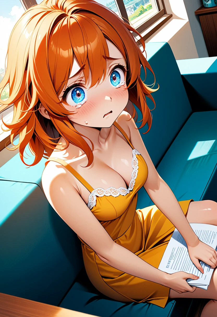 detailed illustration, dynamic angle, ultra-detailed, illustration, 1girl, 24 years old, orange red hair, wild hair, bright blue eyes, detailed eyes, worried look, sitting on couch, living room, daylight, morning, holding papers, yellow sundress, cleavage, tears, worry