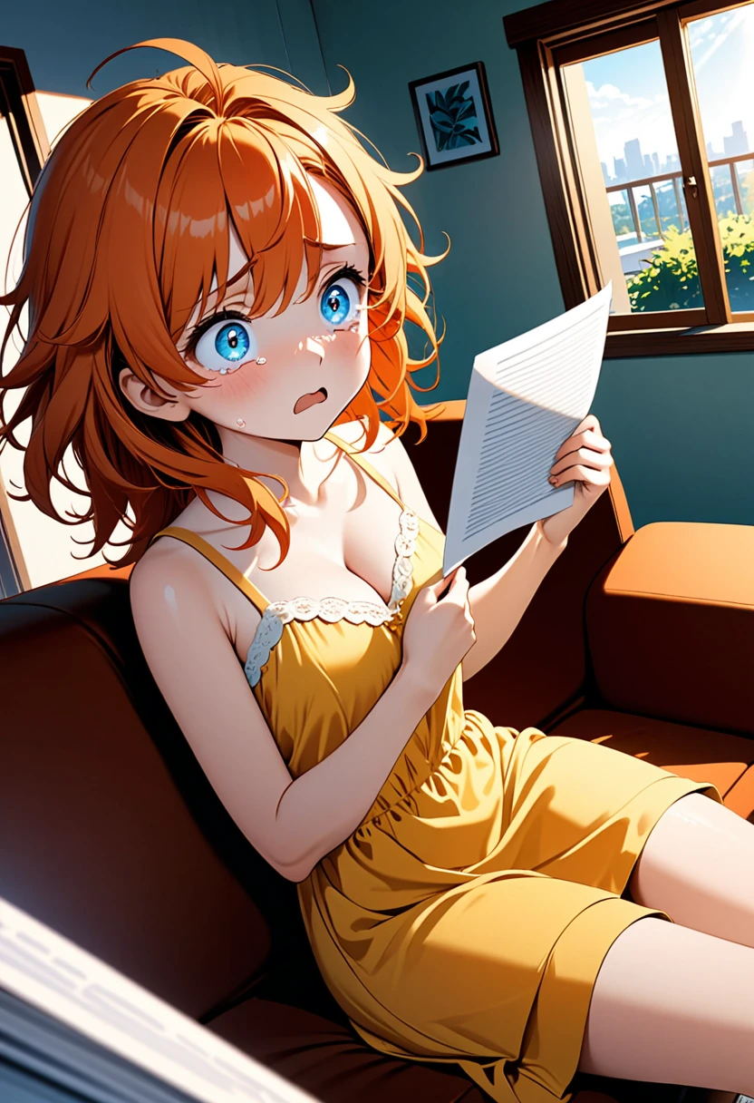 detailed illustration, dynamic angle, ultra-detailed, illustration, 1girl, 24 years old, orange red hair, wild hair, bright blue eyes, detailed eyes, worried look, sitting on couch, living room, daylight, morning, holding papers, yellow sundress, cleavage, tears, worry