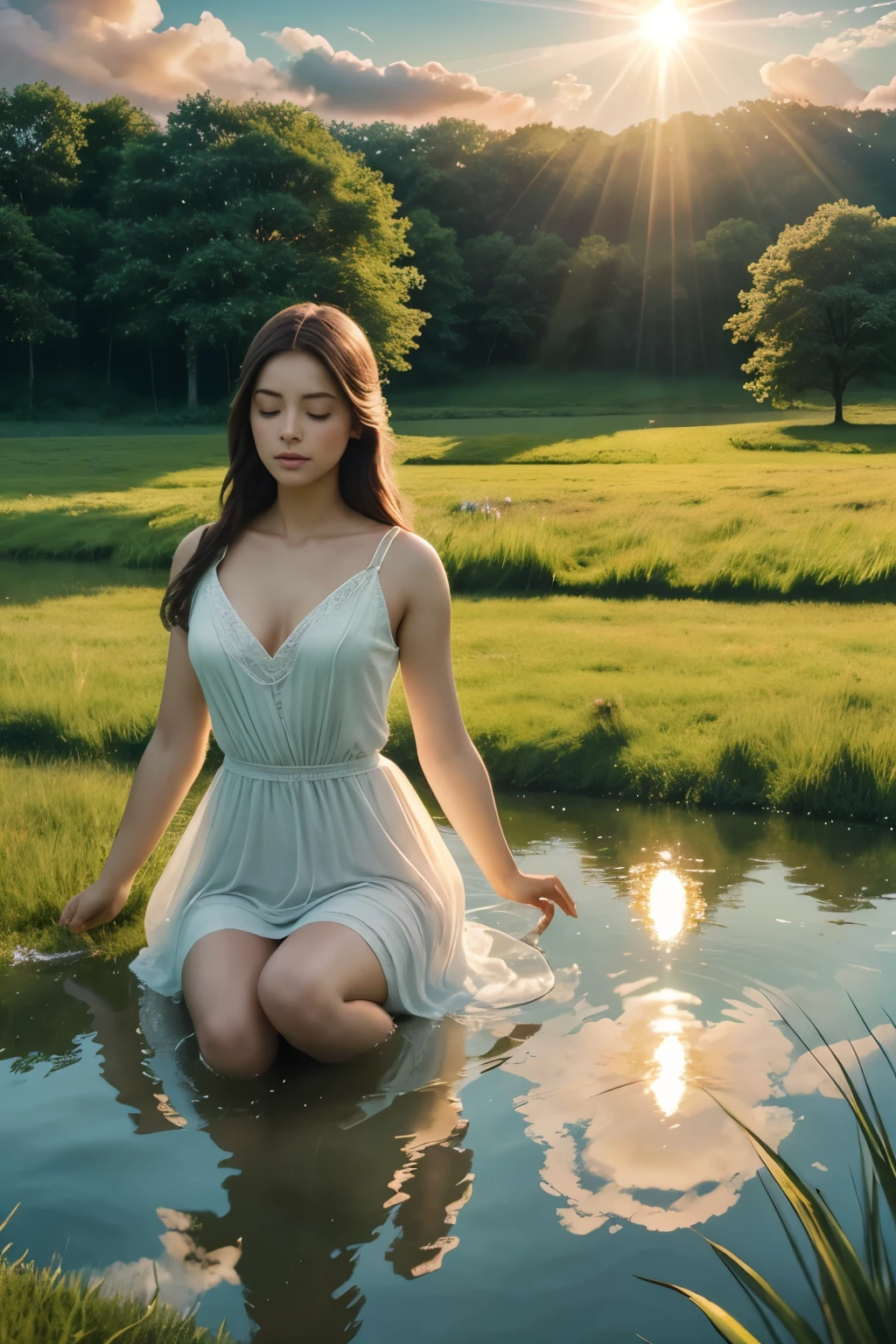 a serene ethereal landscape, fluffy clouds, glowing sun rays, floating angelic figures, lush green meadows, tranquil lake reflecting divine light, best quality, 4k, 8k, highres, masterpiece, ultra-detailed, realistic, photorealistic, photo-realistic, heavenly, angelic, peaceful, idyllic, glowing light, soft colors, cinematic composition