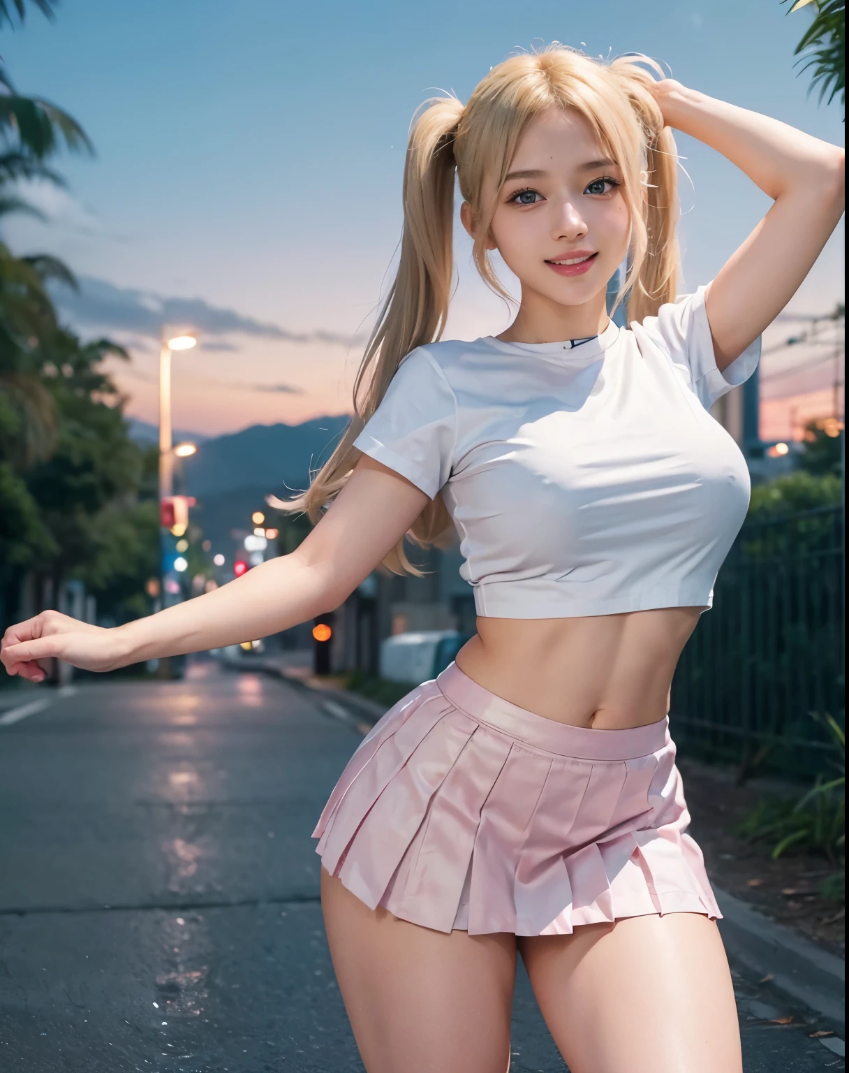 1girl, (Blue Eyes), (smiling :1.1), (Sana Minatozaki), (thin waist :1.2), wide hips, Big tits, big ass, (thick thighs), (toned legs :1.2), (Best Quality, 8k, Masterpiece: 1.3), Clear Focus: 1.2, Perfect Body Beauty: 1.4, (strong abs :1.2), Highly detailed face and skin texture, detailed eyes, double eyelids, (twintail blonde hair :1.2), (tight white t-shirt:1.1), (pink pleated mini skirt :1.2), standing, dynamic pose, on a mountain at night, streetlights illuminate the path, night sky