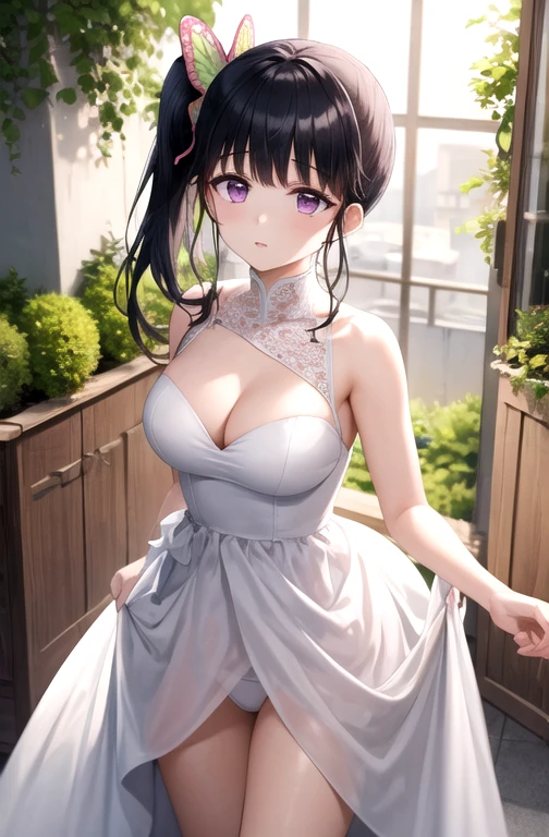 (masterpiece, best quality, detailed), 1 Girl, Solitary, Looking at the audience, Kana Odf, Purple Eyes, Black Hair, Long hair, blunt Bangs, Bangs, Hair accessories, Vulnerabilities, Butterfly, Side Ponytail, Butterfly Hair accessories,
Golden tail lily, Lilium chinense, Black Hair, Butterfly, Butterfly hair ornament, (Purple Eyes:1.1), side Ponytail, Ponytail, bride, Wedding dress,Wedding dress,White, underwear, Lace