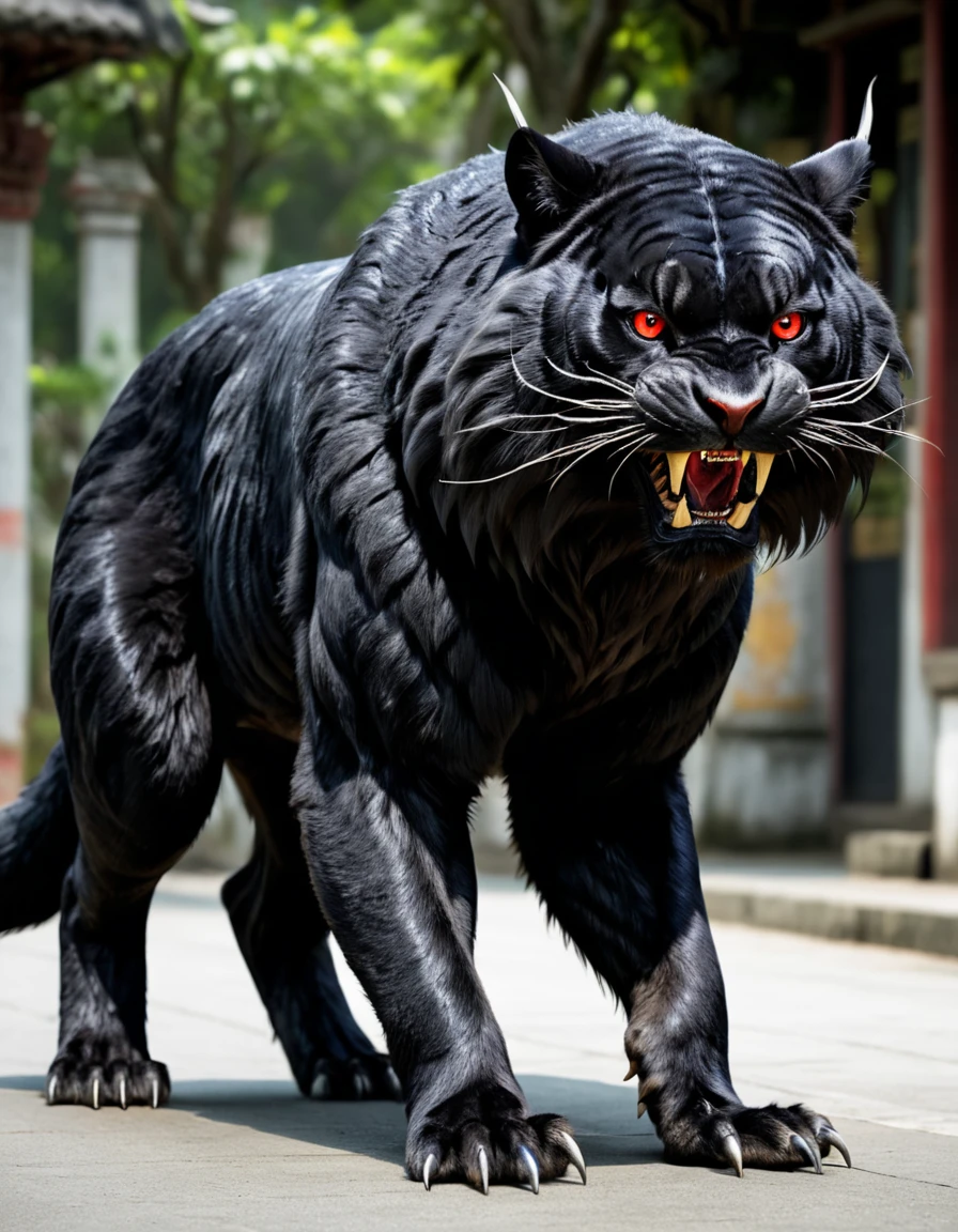 beast of prey,The body length is about 3 meters、Weight: about 200 kilograms。The exterior is covered in black fur.、Having red eyes,Superb masterpiece, Dynamic and realistic digital art, Great quality,Thailand&#39;s Underworld,Whispering Mine,Fibrous texture connected subsurface scattering (SSSS),evolution of stars, Tangled,  ,    Seraph Wings,, 
