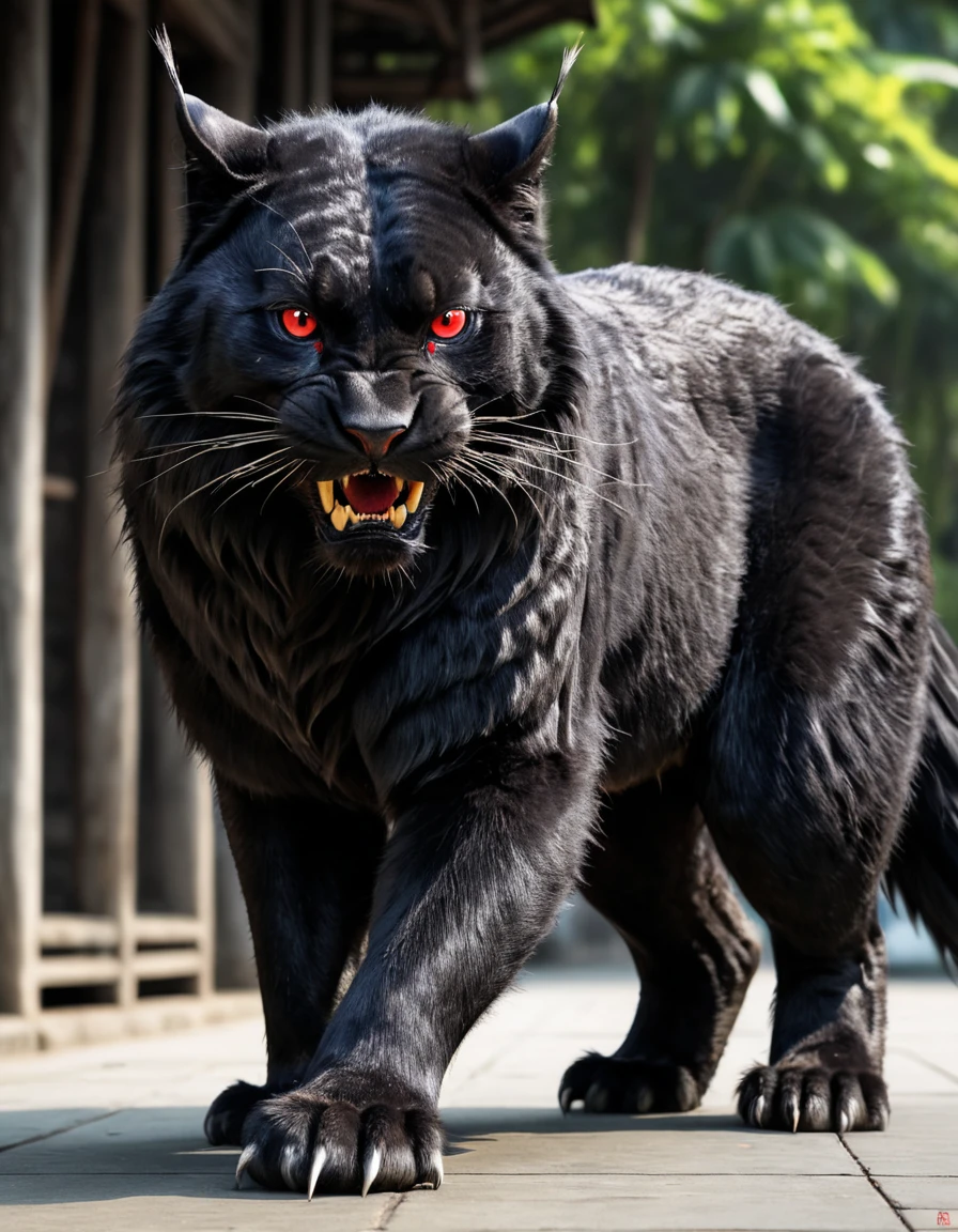beast of prey,The body length is about 3 meters、Weight: about 200 kilograms。The exterior is covered in black fur.、Having red eyes,Superb masterpiece, Dynamic and realistic digital art, Great quality,Thailand&#39;s Underworld,Whispering Mine,Fibrous texture connected subsurface scattering (SSSS),evolution of stars, Tangled,  ,    Seraph Wings,, 