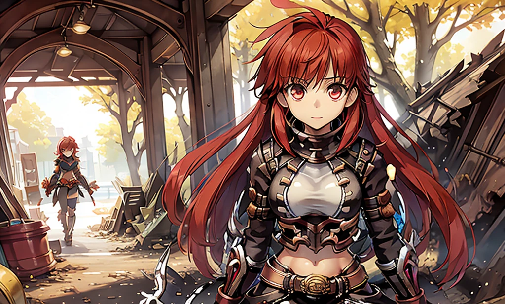 score_9, score_8_up, score_7_up, score_6_up, score_5_up, score_4_up, source_anime, tomboy girl, long hair, Bust Cup B , open-chest outfit, Guillotine Cross Set, breastplate, waist armor, Armor, red hair, red eyes, Sparkling eyes, walk, Garbage bags, Behind the scenes at the junkyard, Sharp picture, Magical light, Bright atmosphere, beautiful backdrop