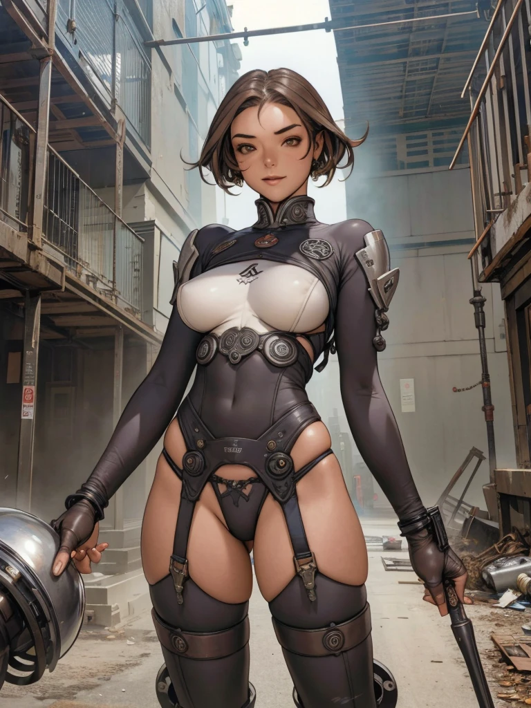 (((Light brown Suit))), (((dark hair bob haircut))), (((devilish smile))), (((melhor qualidade: 1.4))), (((full metal))), (((DuneWalker))), (((post-apocalypse))), (Unbeatable masterpiece), (hiper HD),(CG 8k hiper-realista), 1Garota armada em um mundo futurista usando roupas coloridas e modernas. Corte de cabelo ultra moderno, perfect body with robotic parts, seios grandes, bunda perfeita, muscles without exaggeration, rosto lindo com olhos azuis penetrantes, add textures to clothes and create something different from the usual, add accessories like garter belt, espartilho e luvas com listras, pele bronzeada e com brilho de molhado, industrial environment with giant heavy machines, Intricate machinery and giant robot parts