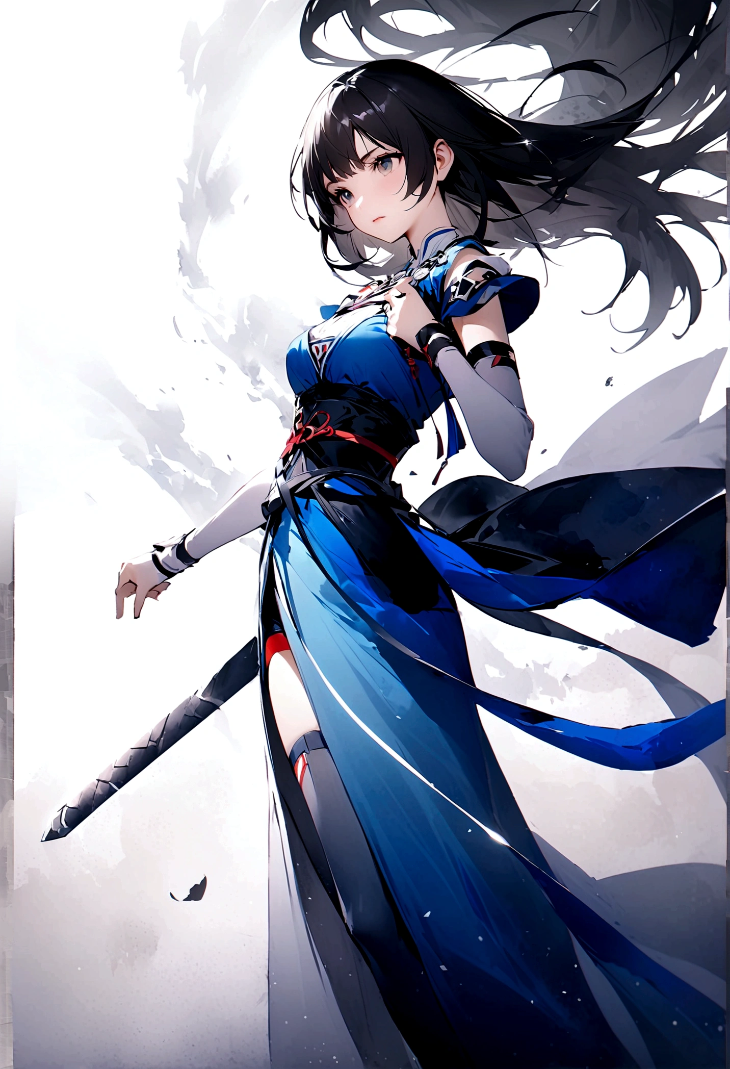 Artistic ink painting,Three-dimensional ink painting,Minimalism,Minimalist graphics,Minimal Art,Anime girl holding a sword,whole body,Chinese style,antiquity,Ink Painting,Blue robe,Black long hair,Black and white background,古韵White Space,White Space,大面积White Space,Texture Matte,Low saturation,Minimalist composition,Master composition