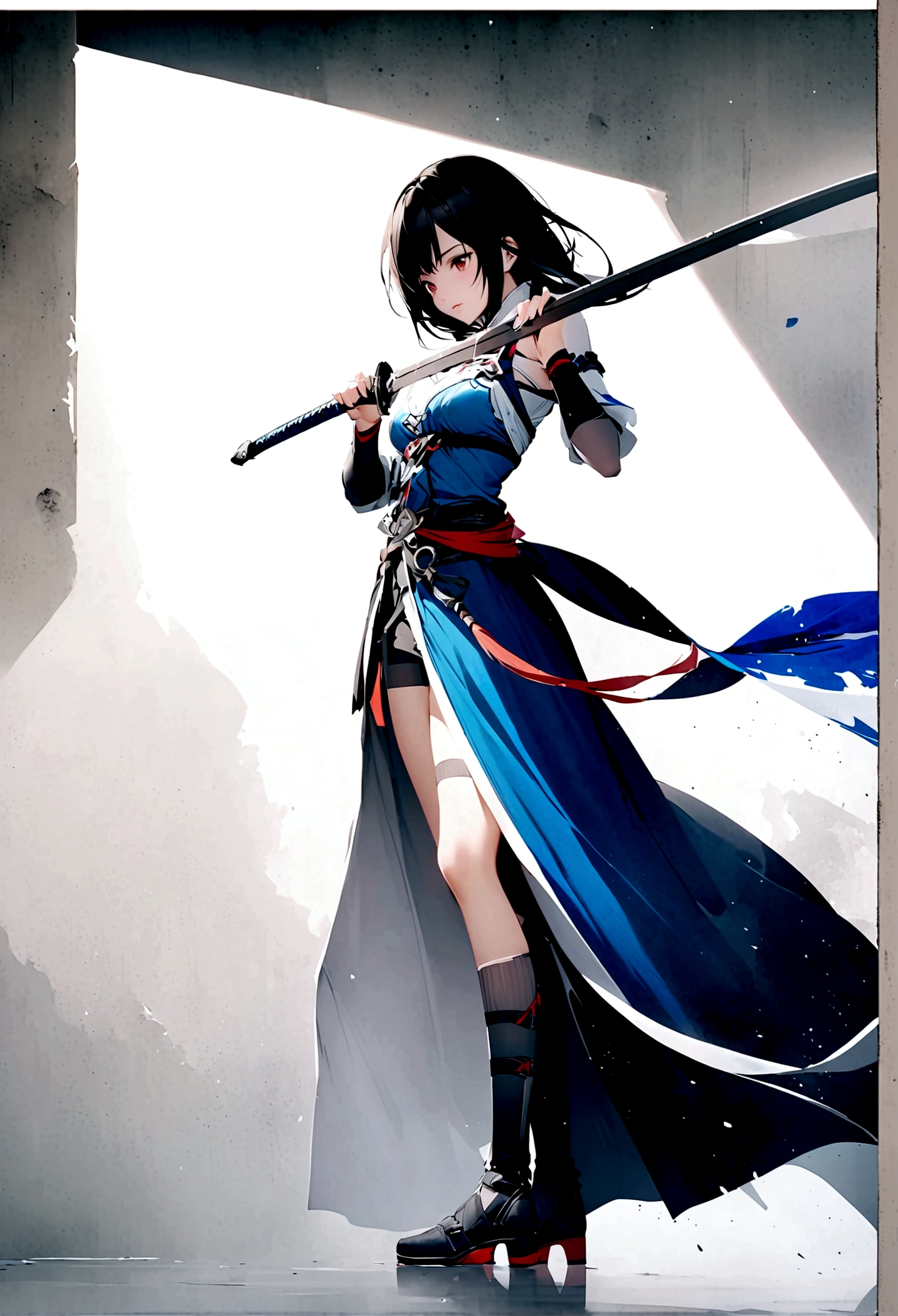 Artistic ink painting,Three-dimensional ink painting,Minimalism,Minimalist graphics,Minimal Art,Anime girl holding a sword,whole body,Chinese style,antiquity,Ink Painting,Blue robe,Black long hair,Black and white background,古韵White Space,White Space,大面积White Space,Texture Matte,Low saturation,Minimalist composition,Master composition