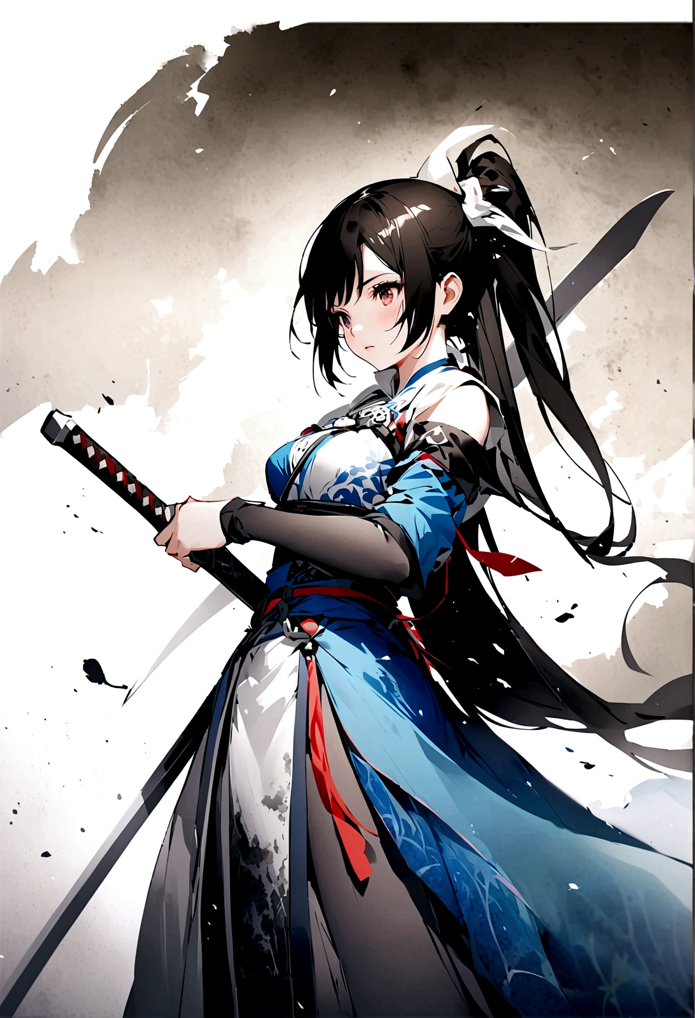 Artistic ink painting,Three-dimensional ink painting,Minimalism,Minimalist graphics,Minimal Art,Anime girl holding a sword,whole body,Chinese style,antiquity,Ink Painting,Blue robe,Black long hair,Black and white background,古韵White Space,White Space,大面积White Space,Texture Matte,Low saturation,Minimalist composition,Master composition