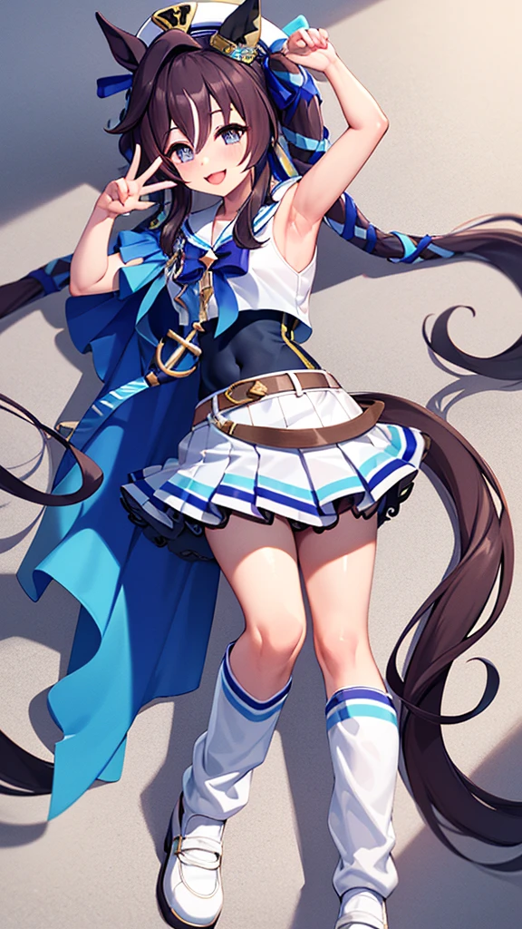 masterpiece, best quality, detailed, highly detailed, ultra detailed, vivlos \(umamusume\), horse tail, hat, white sailor collar, bare shoulders, blue ribbon, small cape, strap, anchor ornament, bodystocking, belt, bare knees, white pleated skirt, white boots, smile, arm up, armpits,