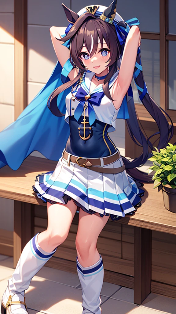 masterpiece, best quality, detailed, highly detailed, ultra detailed, vivlos \(umamusume\), horse tail, hat, white sailor collar, bare shoulders, blue ribbon, small cape, strap, anchor ornament, bodystocking, belt, bare knees, white pleated skirt, white boots, smile, arm up, armpits,
