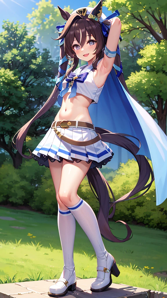 masterpiece, best quality, detailed, highly detailed, ultra detailed, vivlos \(umamusume\), horse tail, hat, white sailor collar, bare shoulders, blue ribbon, small cape, strap, anchor ornament, bodystocking, belt, bare knees, white pleated skirt, white boots, smile, arm up, armpits,