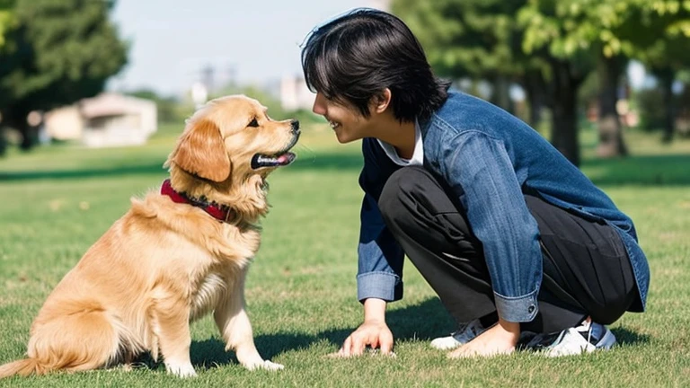 Boyhood Author(Hair color black Japanese)and Lucky the golden retriever playing together。Lucky watches over the author with kindness、The innocent boy's smile is shining