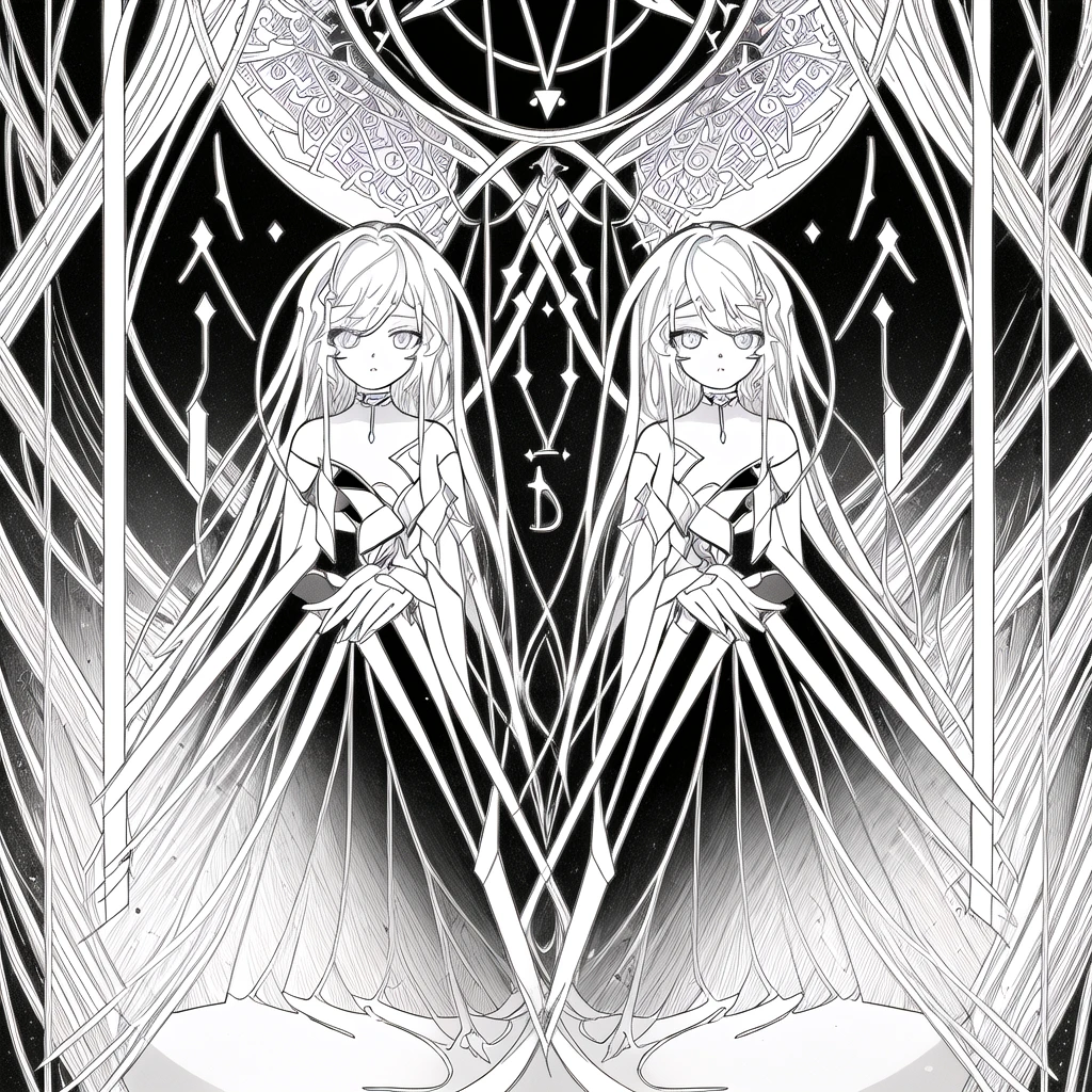 Zodiac,Gemini,Two girls,One is white and the other is black,Light Painting Art,Color Arrangement,avant-garde design,Tyndall Effect,,illustration,close up,White background