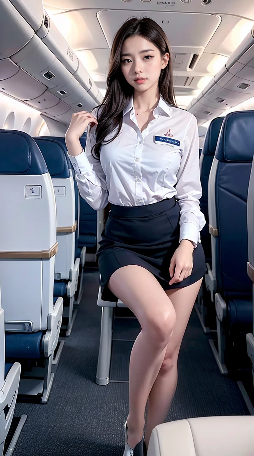 top quality, masterpiece, 8K, ultra high definition, (realistic: 1.4), 1 girl, beautiful face, symmetrical eyes, big, perfect body proportions, stewardess uniform, The beholder's gaze, (inside the airplane: 1.2), front view, shoulder jump, absolute area (1.3),