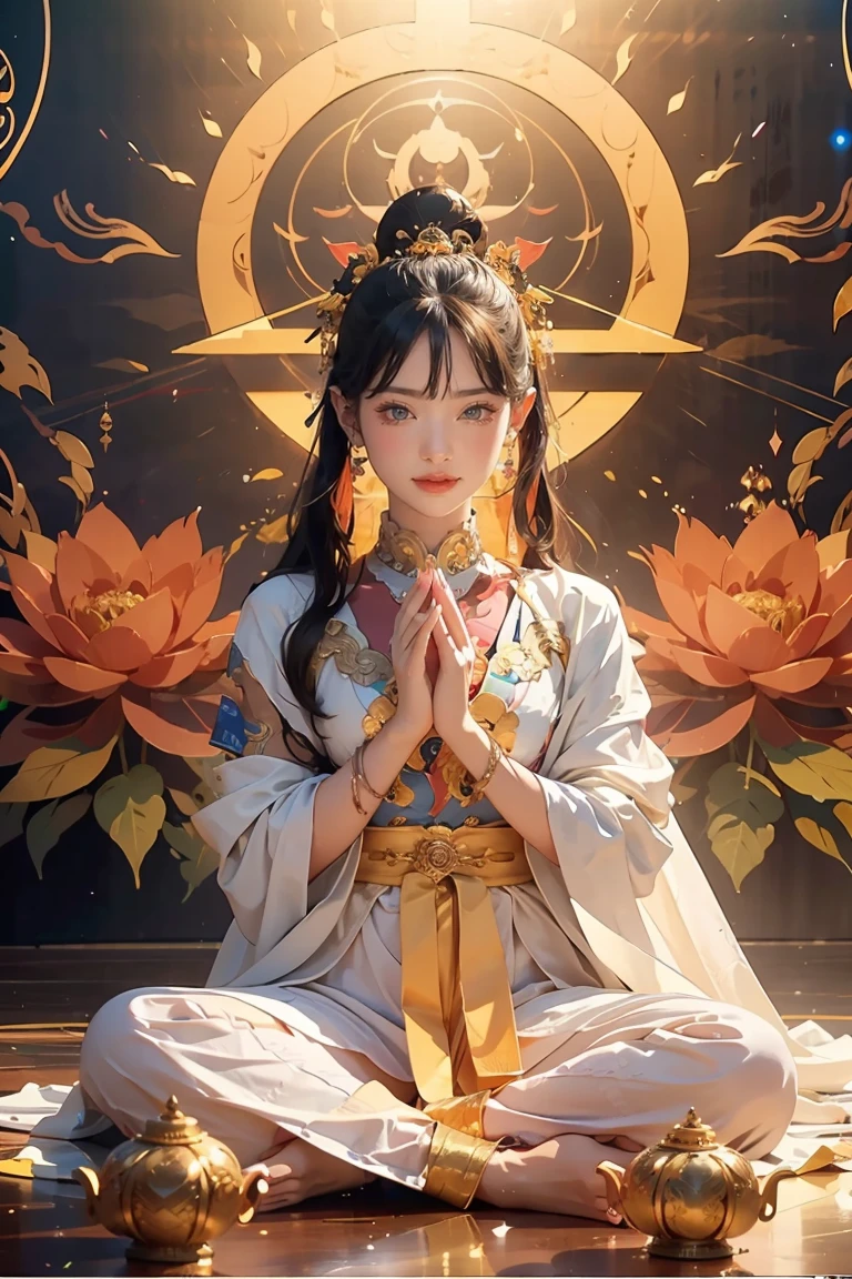 （Chinese immortals）, （Buddhism）, Multip_Handythological stories）, （bodhisattva）, She sits on a lotus, （Three hands on the left，Three hands on the right, Each hand holds a different Buddhist vessel, left right symmetry），（Delicate and beautiful face）, （White silk robe）sitting on a lotus flower, Frontal photo，Light smile, neo-classical, OP Art, Chiaroscuro, Cinematic lighting, god light, Ray tracing, character sheets, projected inset, first person perspective, hyper HD, Masterpiece, ccurate, Textured skin, Super detail, High details, High quality, Award-Awarded, Best quality, A high resolution, 8K