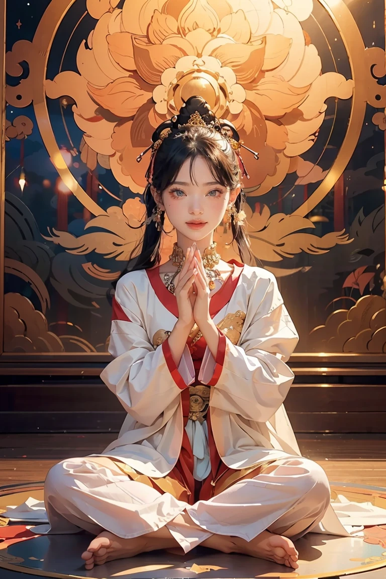 （Chinese immortals）, （Buddhism）, Multip_Handythological stories）, （bodhisattva）, She sits on a lotus, （Three hands on the left，Three hands on the right, Each hand holds a different Buddhist vessel, left right symmetry），（Delicate and beautiful face）, （White silk robe）sitting on a lotus flower, Frontal photo，Light smile, neo-classical, OP Art, Chiaroscuro, Cinematic lighting, god light, Ray tracing, character sheets, projected inset, first person perspective, hyper HD, Masterpiece, ccurate, Textured skin, Super detail, High details, High quality, Award-Awarded, Best quality, A high resolution, 8K