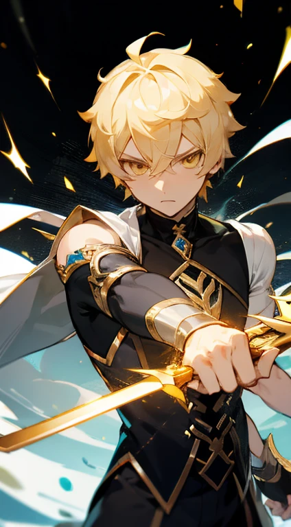 Aether from Genshin Impact. Blonde short hair. Golden Eyes. Holding a sword. 1boy. Muscular body. Black sweather. Sharp eyes. Serious expression.