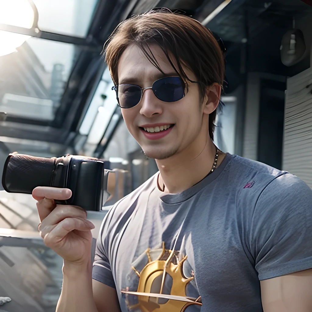 8K, ultra detailed, (realistic:1.2), (1man:1.3), 40yo, (muscular, fat:1.3), (sun glass:1.5), BREAK long hair, gold hair, BREAK (purple t-shirts, laugh, holding video camera:1.3), (looking at viewer:1.3), reinopool,