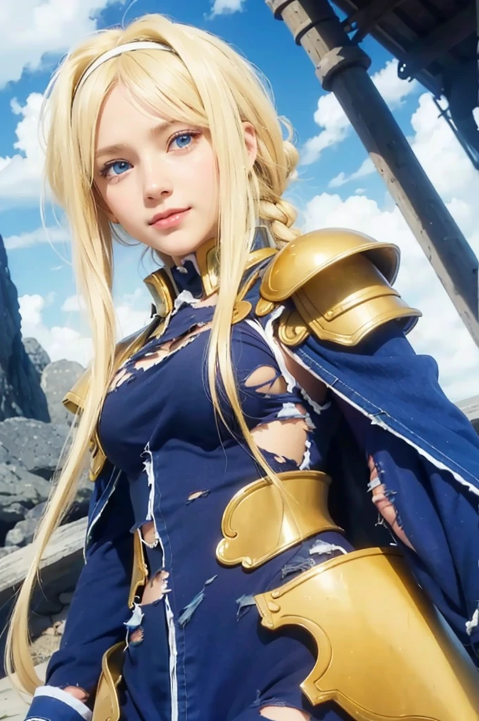 masterpiece, best quality, (realistic,photo-realistic:1.4), (RAW photo:1.2), extremely detailed CG unity 8k wallpaper, delicate and beautiful, amazing,finely detail, official art, absurdres, incredibly absurdres, huge filesize, ultra-detailed,extremely detailed eyes and face,light on face,(little smile),(blonde hair:1.4),(long hair:1.4),alice zuberg,potrait,(medium breast:1.3),beach,(whit hairband,blue eyes,(torn clothes:1.4),gold armor