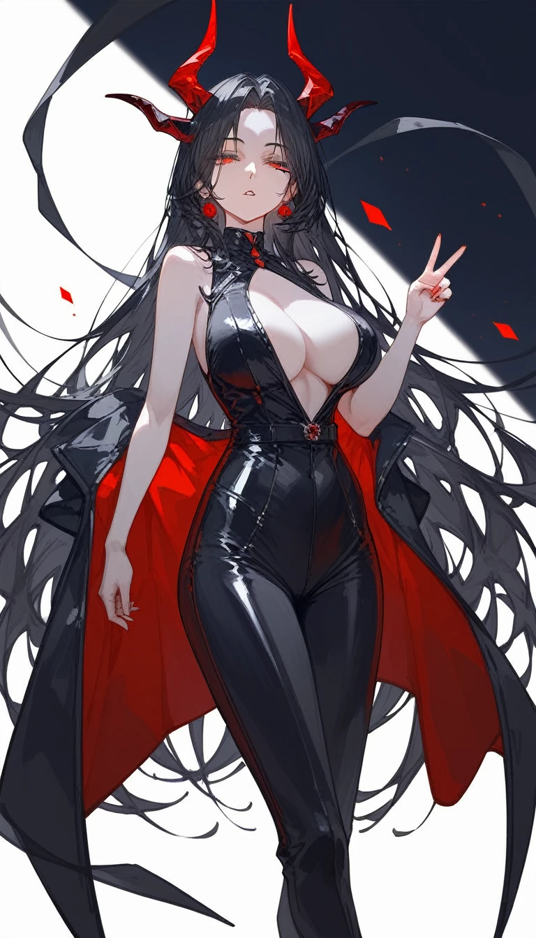 masterpiece, Score_9, Score_8_up, Score_7_up, front view, 1 woman, alone, black hair with red, long hair, parted bangs, dark red eyes, half-closed eyes, parted lips, expressionless, pale skin, large breasts, body suit, black bottom, best quality, horns up, long open bangs, black sleeveless shirt, black V-neck, red baggy pants, high heels.