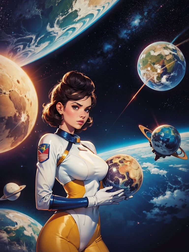 1950s retro comic, space girl with a close-fitting astronaut suit, large breasts, camel toe, background: planets, nebula, stars, spaceships