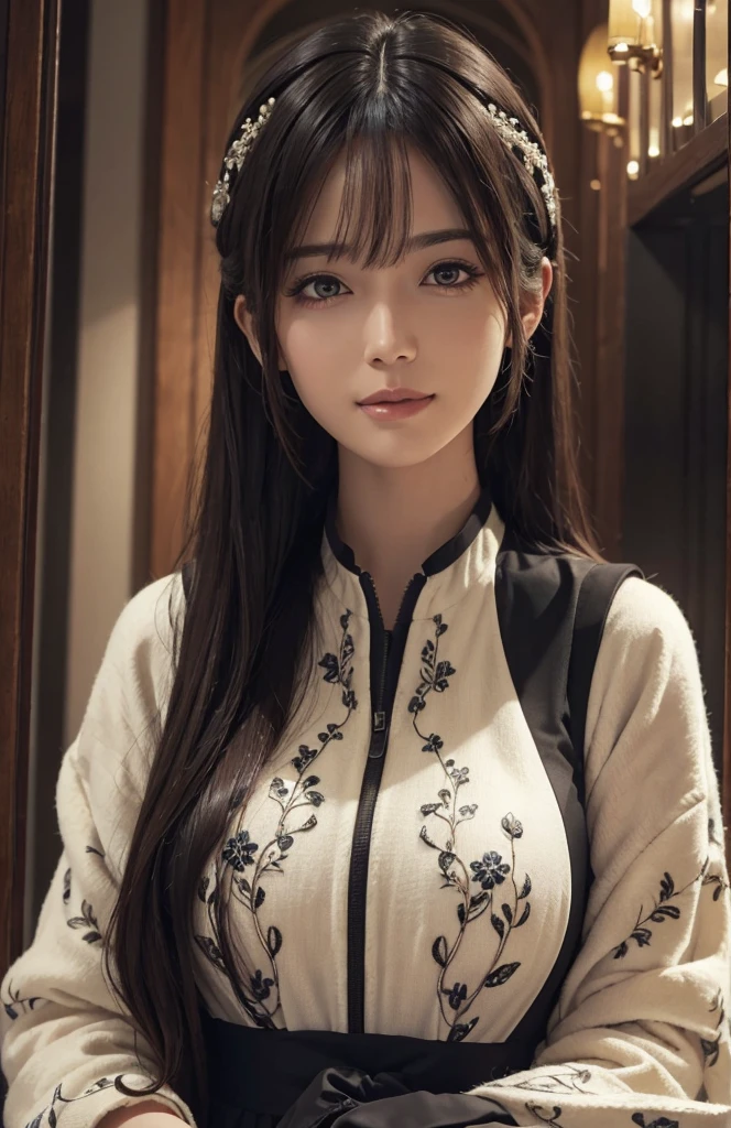 (Ultra Realistic), (Illustration), (Increased Resolution), (8K), (Extremely Detailed), (Best Illustration), (Beautiful and Detailed Eyes), (Best Quality), (Ultra Detailed), (Masterpiece ), ( wallpaper), (detailed face), solo, 1 girl, looking at viewer, fine details, detailed face, in the dark, deep shadows, low key, pureerosfaceace_v1, smiling, long hair, black shawl straight hair , 46 points oblique bangs