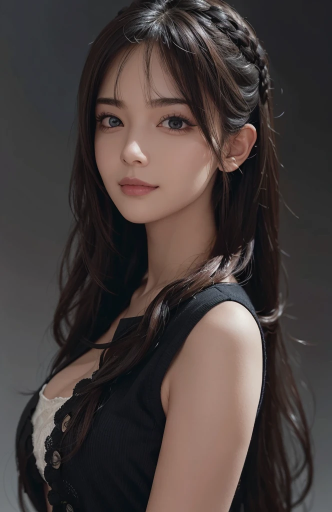 (Ultra Realistic), (Illustration), (Increased Resolution), (8K), (Extremely Detailed), (Best Illustration), (Beautiful and Detailed Eyes), (Best Quality), (Ultra Detailed), (Masterpiece ), ( wallpaper), (detailed face), solo, 1 girl, looking at viewer, fine details, detailed face, in the dark, deep shadows, low key, pureerosfaceace_v1, smiling, long hair, black shawl straight hair , 46 points oblique bangs