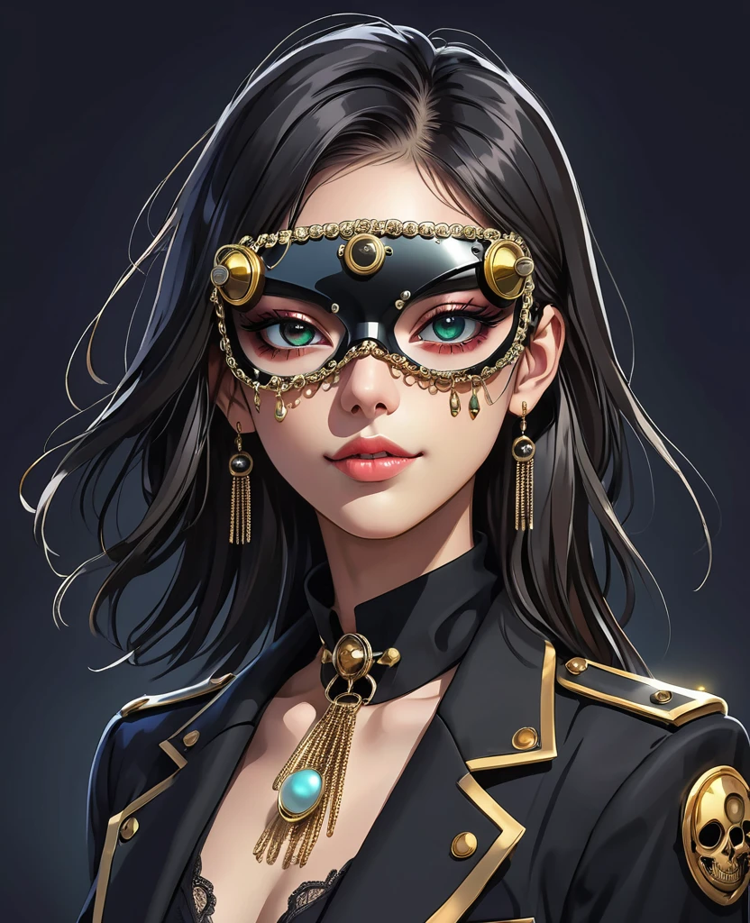 (Digital Illustration，Detailed anime style，Heavy Metal Cyberpunk，Pearl tassel eye mask，Portrait of girl wearing mask eye patch，Solitary，symmetry)，(Big colorful eyes，Fashionable and exquisite facial features，Exquisite makeup，Smooth skin，Smile，Soulful gaze，)，(Straight Hair，Hairpin)，(Black suit，Epaulettes-Chain，cool，)，(((Correct human anatomy)))