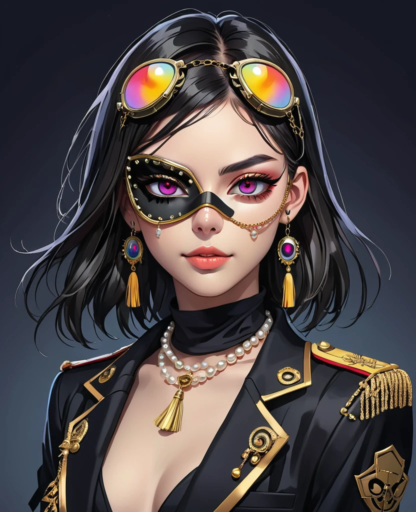 (Digital Illustration,Detailed anime style,Heavy Metal Cyberpunk,Pearl tassel eye mask,Portrait of girl wearing mask eye patch,Solitary,symmetry),(Big colorful eyes,Fashionable and exquisite facial features,Exquisite makeup,Smooth skin,Smile,Soulful gaze,),(Straight Hair,Hairpin),(Black suit,Epaulettes-Chain,cool,),(((Correct human anatomy)))