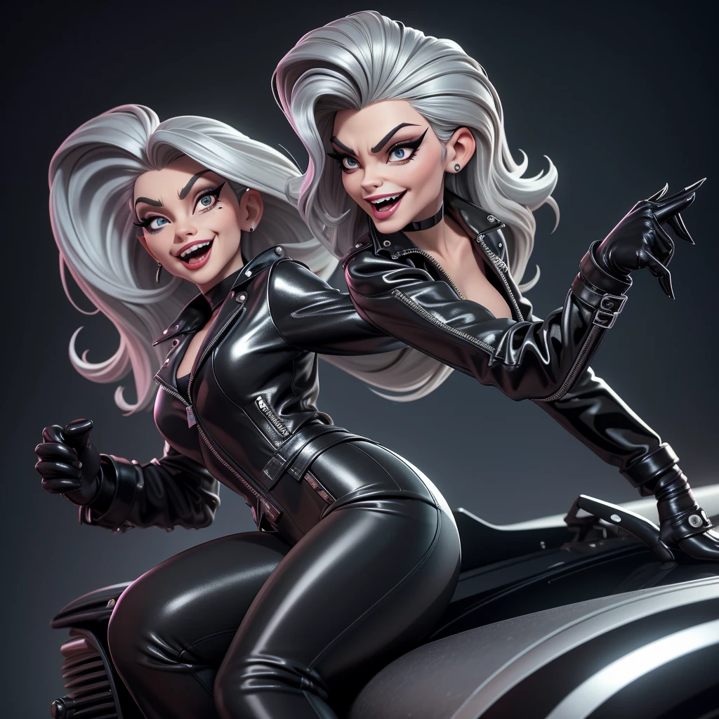 obra prima, melhor qualidade, (cruella deville, michelle pfeiffer, vamp 70yo face wrinkles,) head back, sassy wicked girl, big toothy smile, open mouth, maniacal, extreme, thick smoky black eye shadow, long fake eyelashes, raven black mullet hair, ((metallic silver pvc biker jacket and pants,)) with studs zippers snaps, shiny leather gloves, body is skinny, laying down on hood of sports car, shiny tight buttocks, dazzle, pinup, exaggerated selfie, ?????????, camera view of whole body, looking up at me, shallow depth of field, highres, HD, 8k, anatomically correct