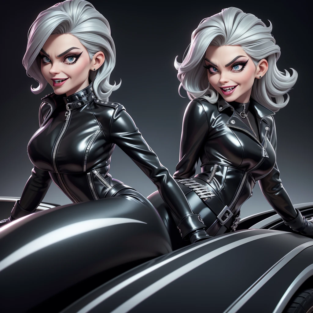 obra prima, melhor qualidade, (cruella deville, michelle pfeiffer, vamp 70yo face wrinkles,) head back, sassy wicked girl, big toothy smile, open mouth, maniacal, extreme, thick smoky black eye shadow, long fake eyelashes, raven black mullet hair, ((metallic silver pvc biker jacket and pants,)) with studs zippers snaps, shiny leather gloves, body is skinny, laying down on hood of sports car, shiny tight buttocks, dazzle, pinup, exaggerated selfie, lap dance, camera view of whole body, looking up at me, shallow depth of field, highres, HD, 8k, anatomically correct
