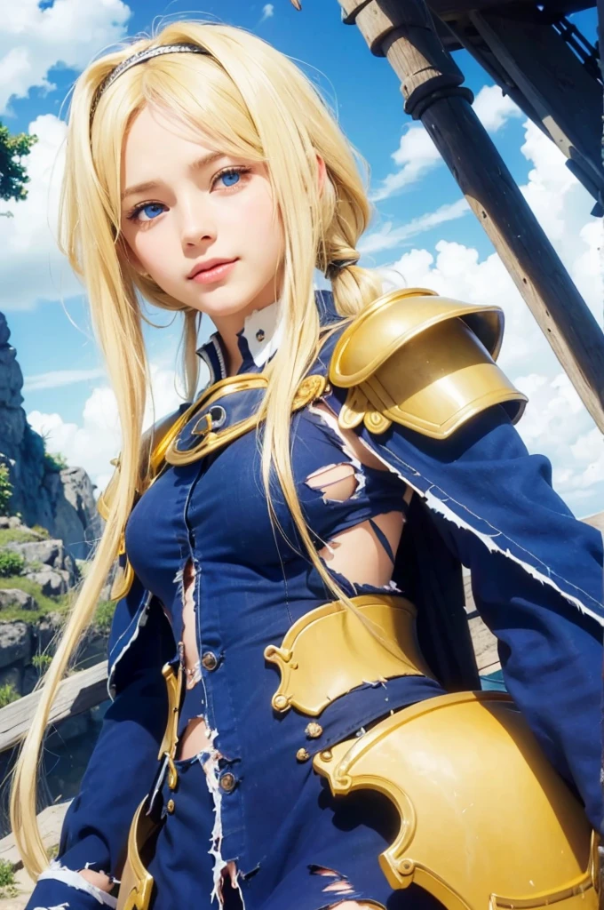 masterpiece, best quality, (realistic,photo-realistic:1.4), (RAW photo:1.2), extremely detailed CG unity 8k wallpaper, delicate and beautiful, amazing,finely detail, official art, absurdres, incredibly absurdres, huge filesize, ultra-detailed,extremely detailed eyes and face,light on face,(little smile),(blonde hair:1.4),(long hair:1.4),alice zuberg,potrait,(medium breast:1.3),beach,(whit hairband,blue eyes,(torn clothes:1.4),gold armor