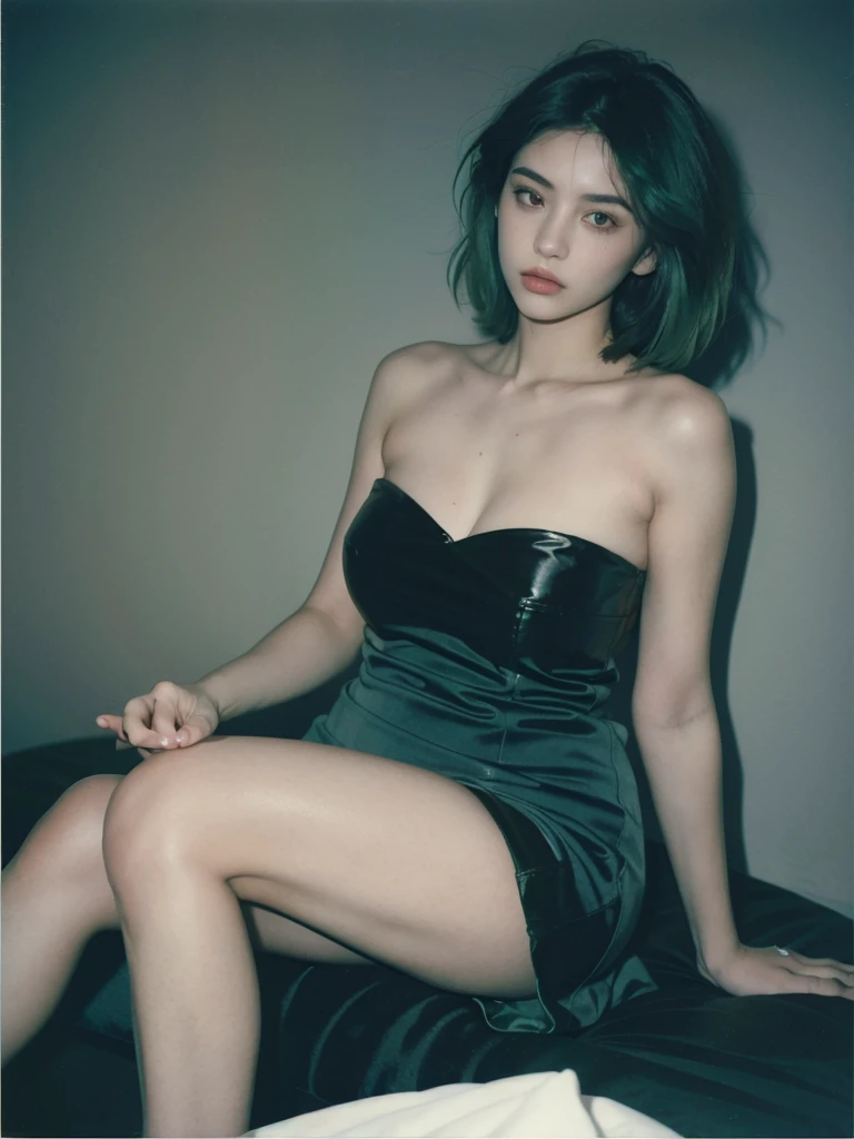 a 20 yo, (green hair, bob hair), black night glown, strapless, show cleavage, dark theme, soothing tones, muted colors, high contrast, (natural skin texture, hyperrealism, soft light, sharp), retro poster as background, Dark Blue. ((Show big thigh, plump body)). Sitting on the bed. Closing mouth. Polaroid.  