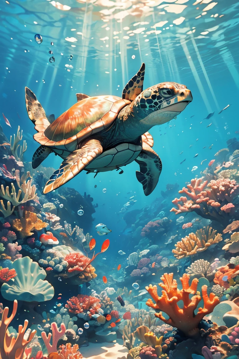 ((masterpiece, highest quality)), breathtaking underwater landscape, seen from the perspective of a diver, colorful corals and a gracefully swimming sea turtle, the water shimmering with light, creating a calming and beautiful environment.