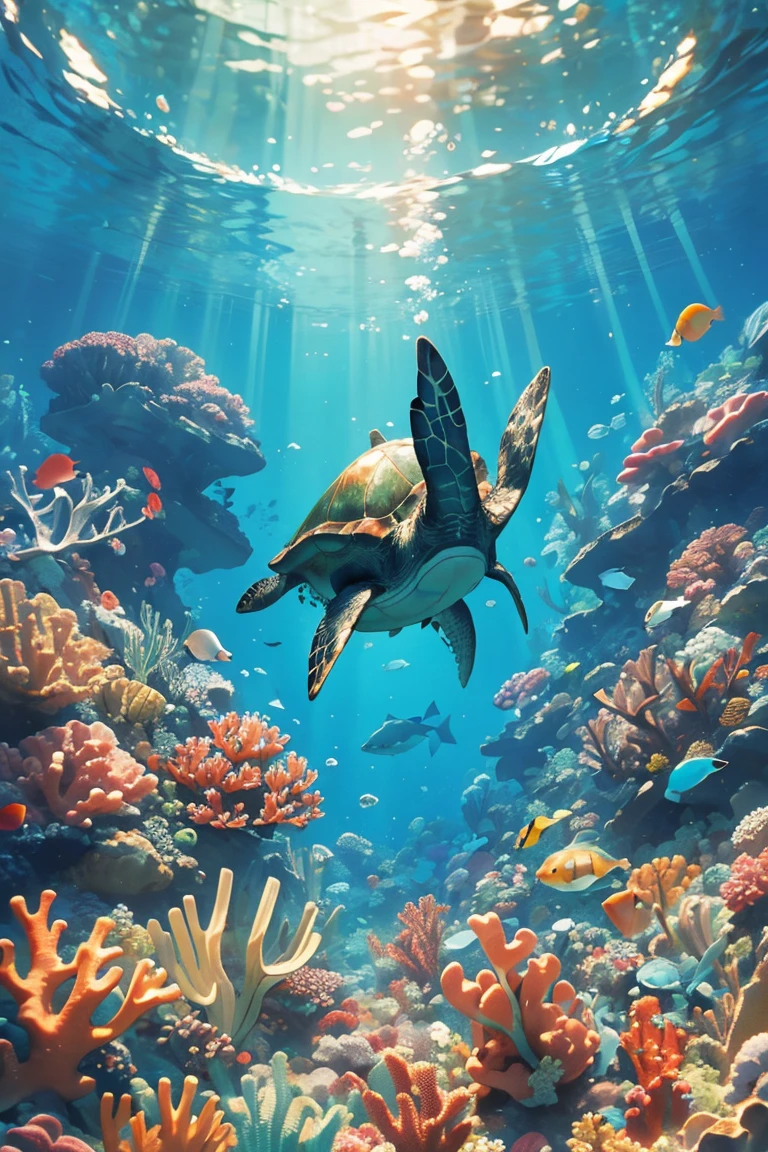 ((masterpiece, highest quality)), breathtaking underwater landscape, seen from the perspective of a diver, colorful corals and a gracefully swimming sea turtle, the water shimmering with light, creating a calming and beautiful environment.